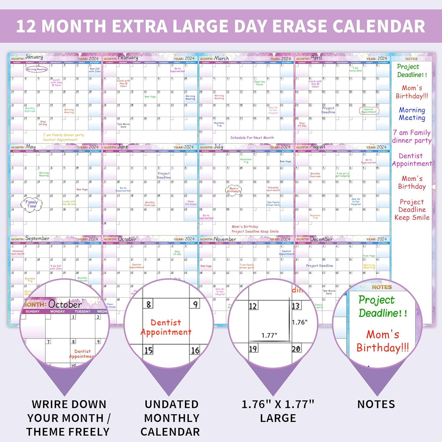 Calendario grande de borrado en seco para pared, calendario anual de pared de borrado en seco, 58 x 37 pulgadas, planificador de calendario en
