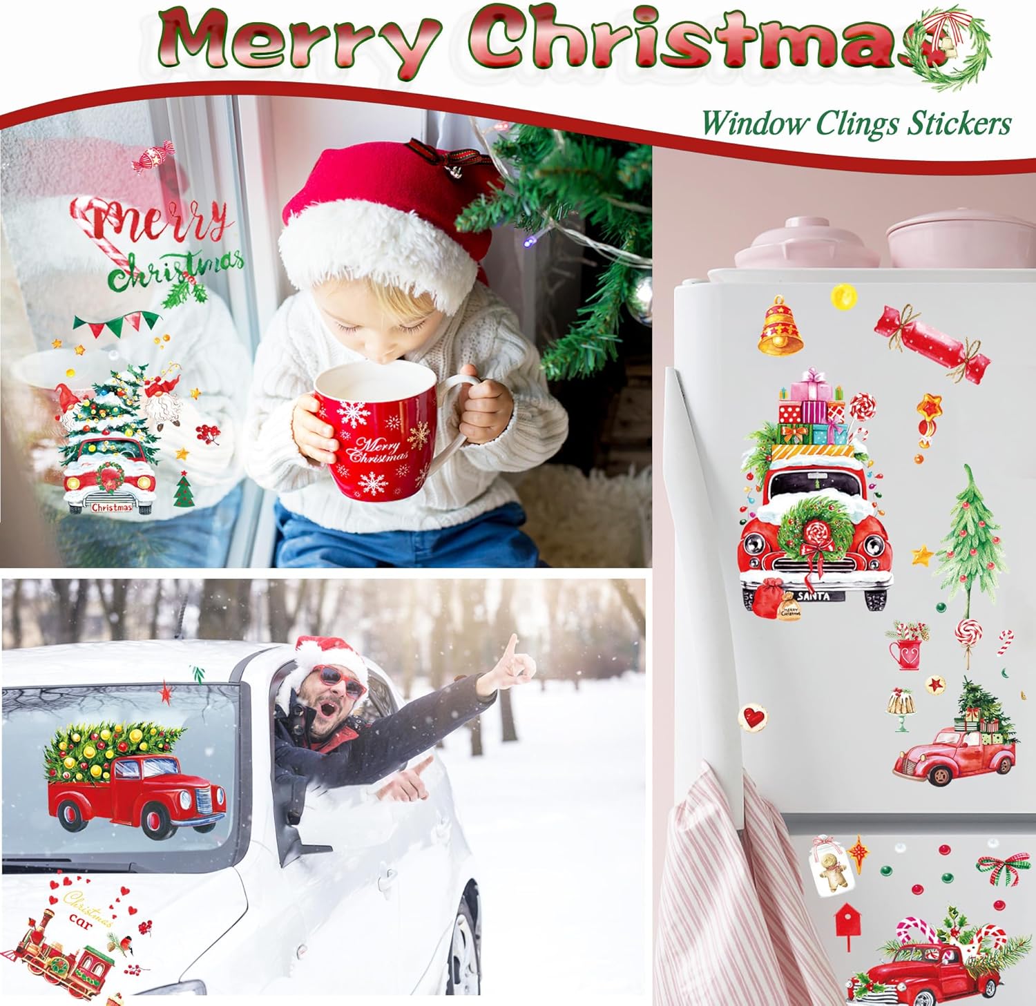 Adhesivos de Navidad para ventana, decoración de ventanas de Navidad, calcomanías de invierno para ventana, grandes, copo de nieve, coche, Papá