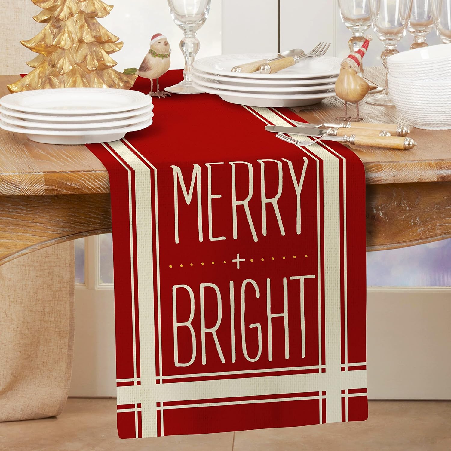 ARKENY Camino de mesa rojo de Navidad de 13 x 72 pulgadas, feliz invierno de arpillera de temporada para interiores, cocina, comedor, decoración de