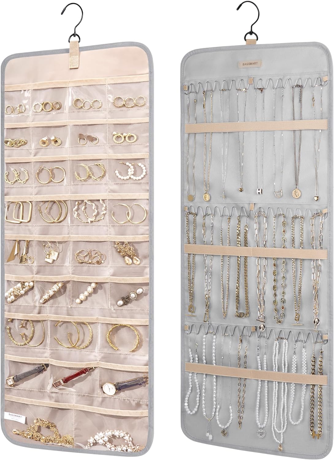 BAGSMART Organizador de joyas colgante rollo de almacenamiento con ganchos de metal de doble cara para aretes, collares, anillos en el armario,