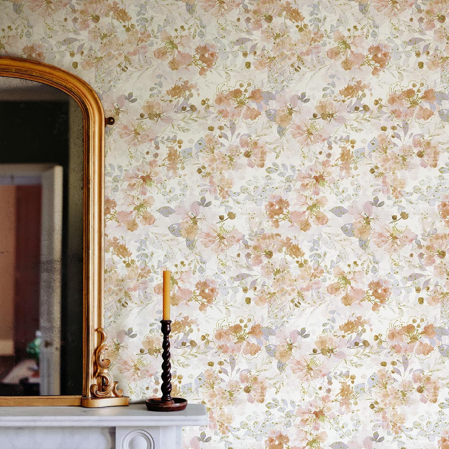 Papel tapiz autoadhesivo con diseño floral de acuarela para despegar y pegar, para decoración de pared, color naranja envejecido, rosa y naranja