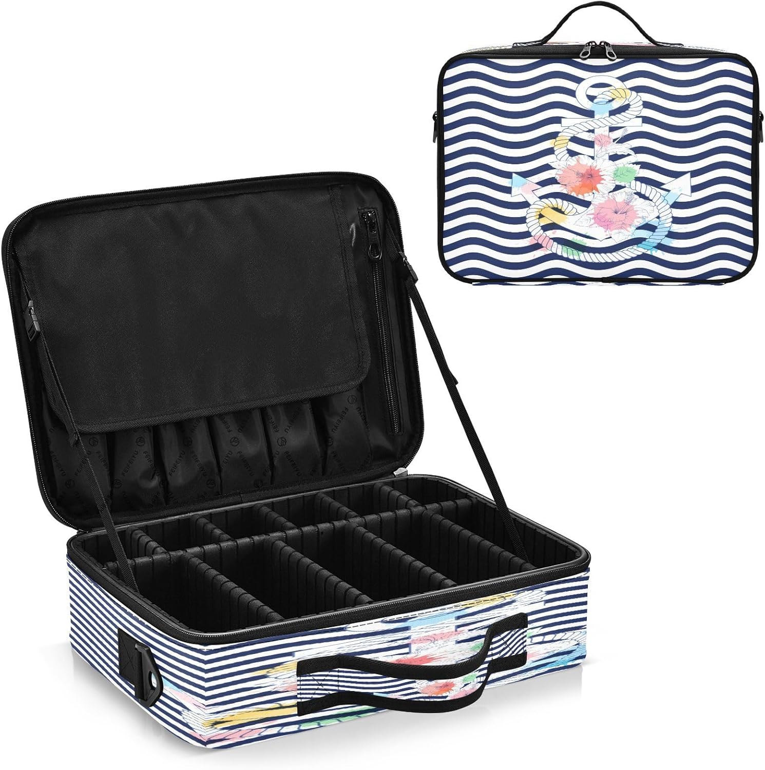 Ancla y flores onduladas de color azul marino a rayas con capacidad de viaje, bolsa de maquillaje de viaje, bolsa de maquillaje para mujer, bolsos