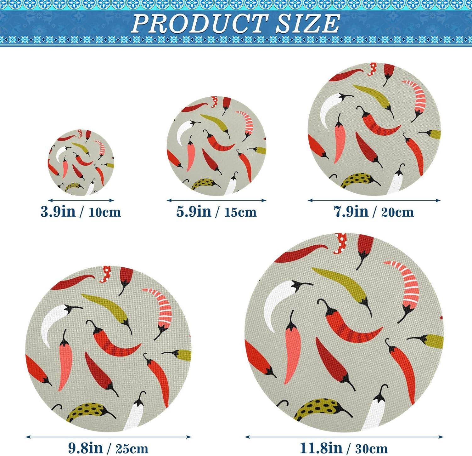 Chili Pepper 5PCS Reusable Elastic Bowl Covers for Food Storage Stretch Cloth Fabric Lids with 5 Different Sizes Waterproof Bowl Covers for Bread