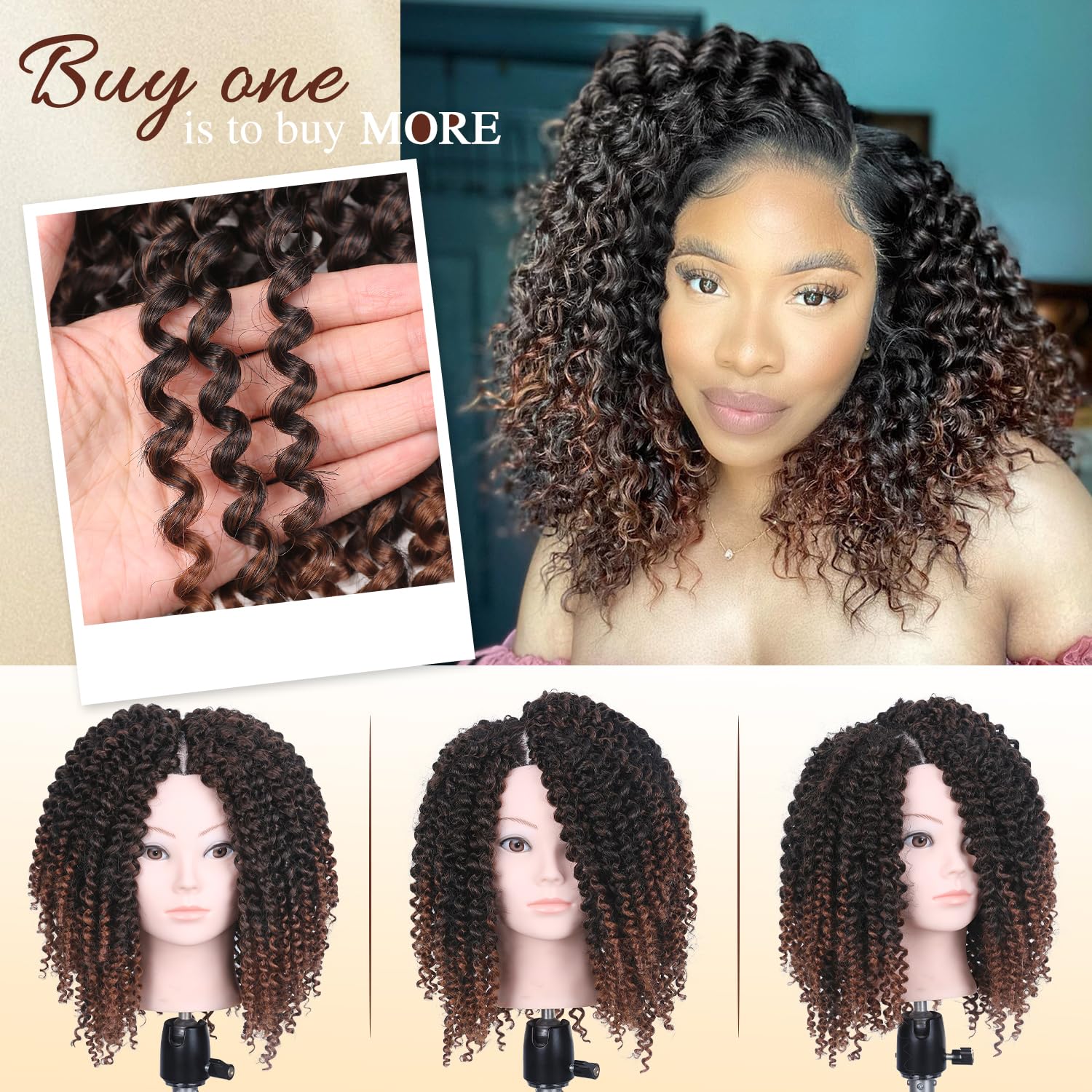 Quantum Love Extensiones de cabello corto rizado tipo crochet, rizado tipo marlybob Jerry, extensiones de cabello castaño ombré para mujeres negras,