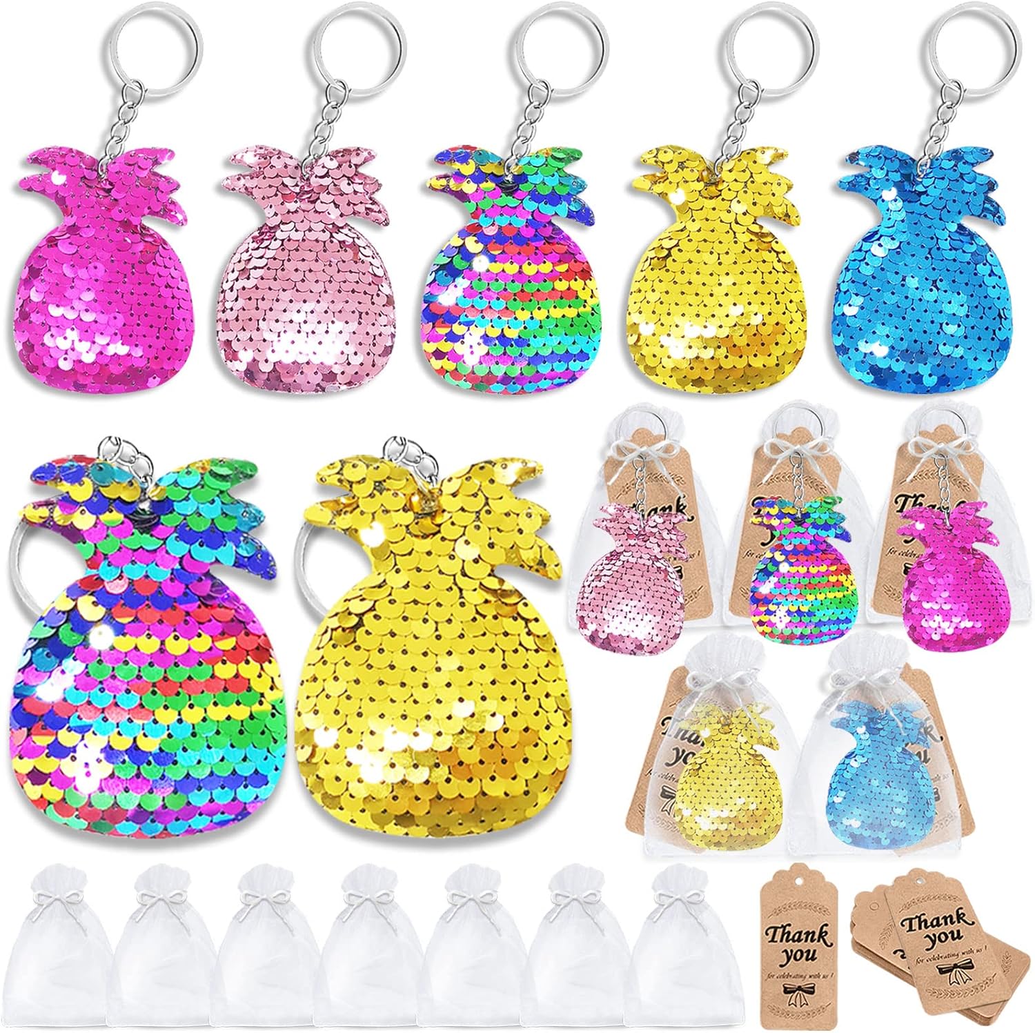 Juego de 60 llaveros de lentejuelas de piña de doble cubierta con 20 llaveros de piña, 20 etiquetas de agradecimiento y 20 bolsas de regalo para
