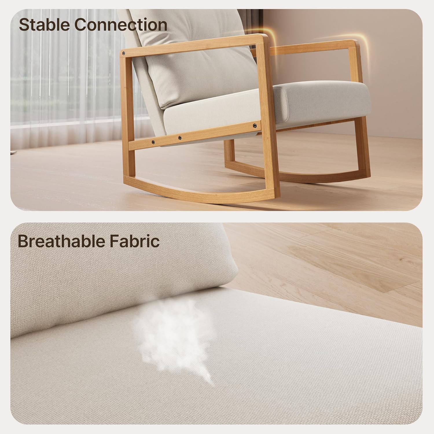 Gizoon Mecedora decorativa de mediados de siglo, silla tapizada de lino, sillón reclinable individual con almohada trasera extra, marco de madera