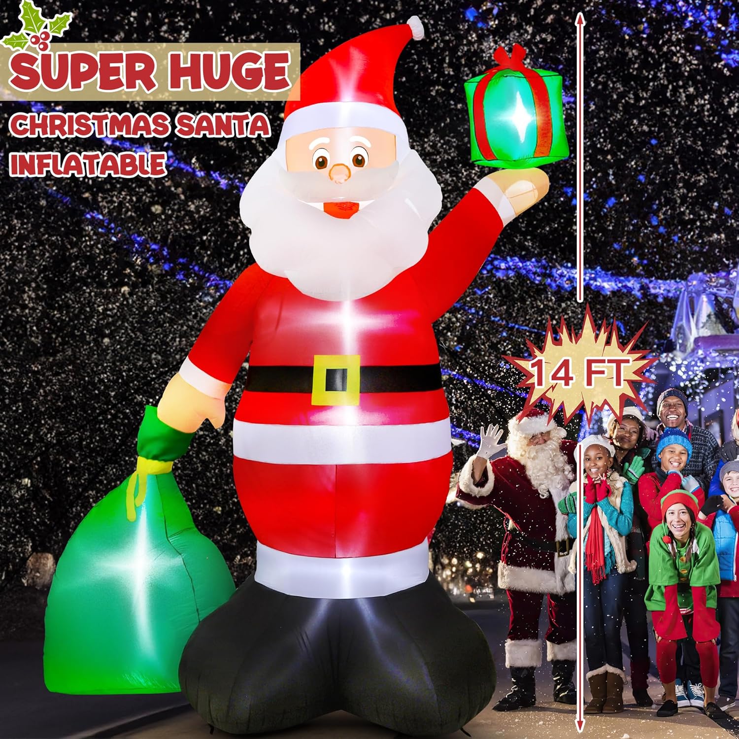 Inflables de Navidad de 14 pies, Papá Noel inflable gigante con bolsa de regalo, Papá Noel de Navidad inflable con 6 luces LED, decoraciones