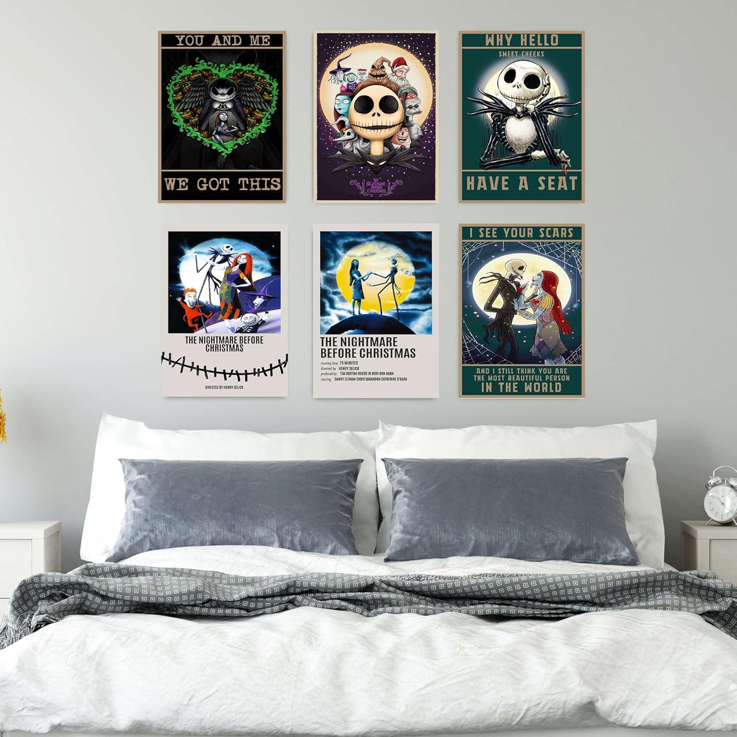 Wovvsu Póster de Jack and Sally (L10 x W8-marco de metal negro) Decoración de habitación de Halloween, película de terror de anime, arte de pared,