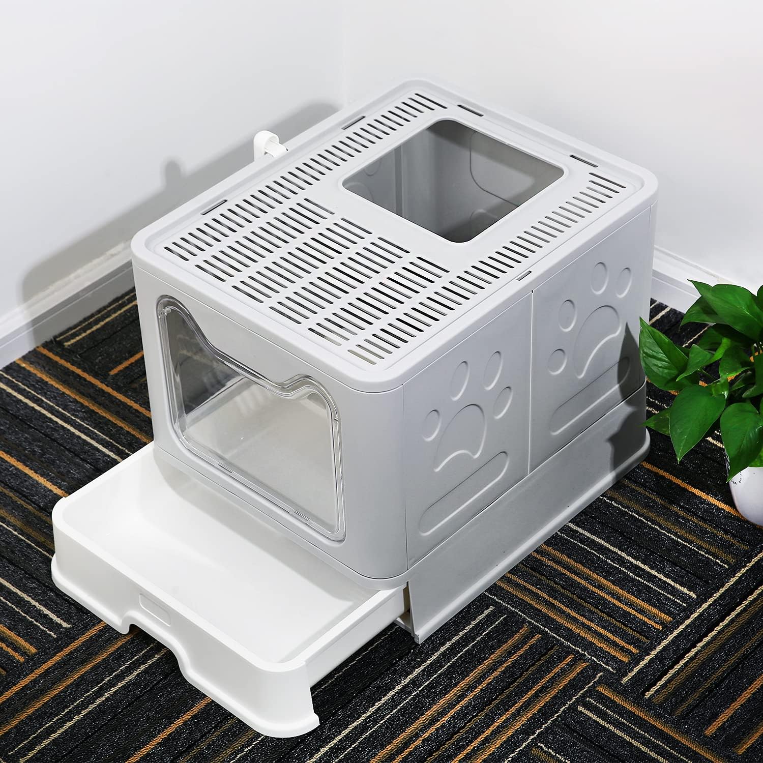 Naivees Caja de arena grande para gatos plegable con tapa de entrada superior, sin olor, fácil de limpiar con pala