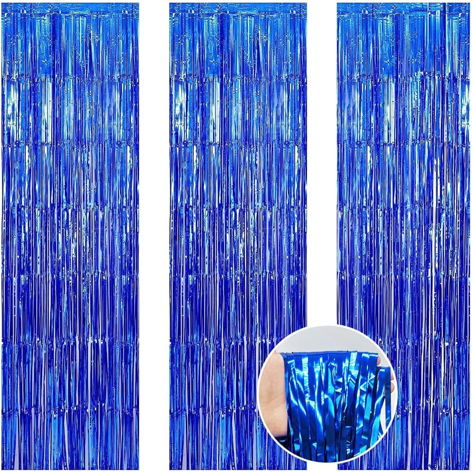 MEHOFOND Paquete de 3 cortinas de flecos de papel de aluminio azul rey de 3.3 x 6.6 pies, decoración de fiesta, telón de fondo metálico con flecos
