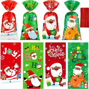 Spiareal 120 bolsas de celofán de Navidad de Papá Noel afroamericano, bolsas de dulces con lazos, suministros de decoración de fiesta de cumpleaños Spiareal 120 bolsas de celofán de Navidad de Papá Noel afroamericano, bolsas de dulces con lazos, suministros de decoración de fiesta de cumpleaños