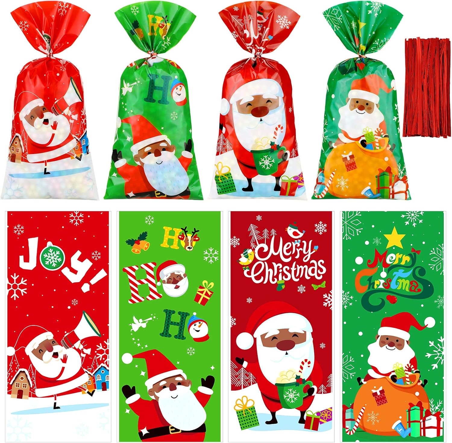 Spiareal 120 bolsas de celofán de Navidad de Papá Noel afroamericano, bolsas de dulces con lazos, suministros de decoración de fiesta de cumpleaños