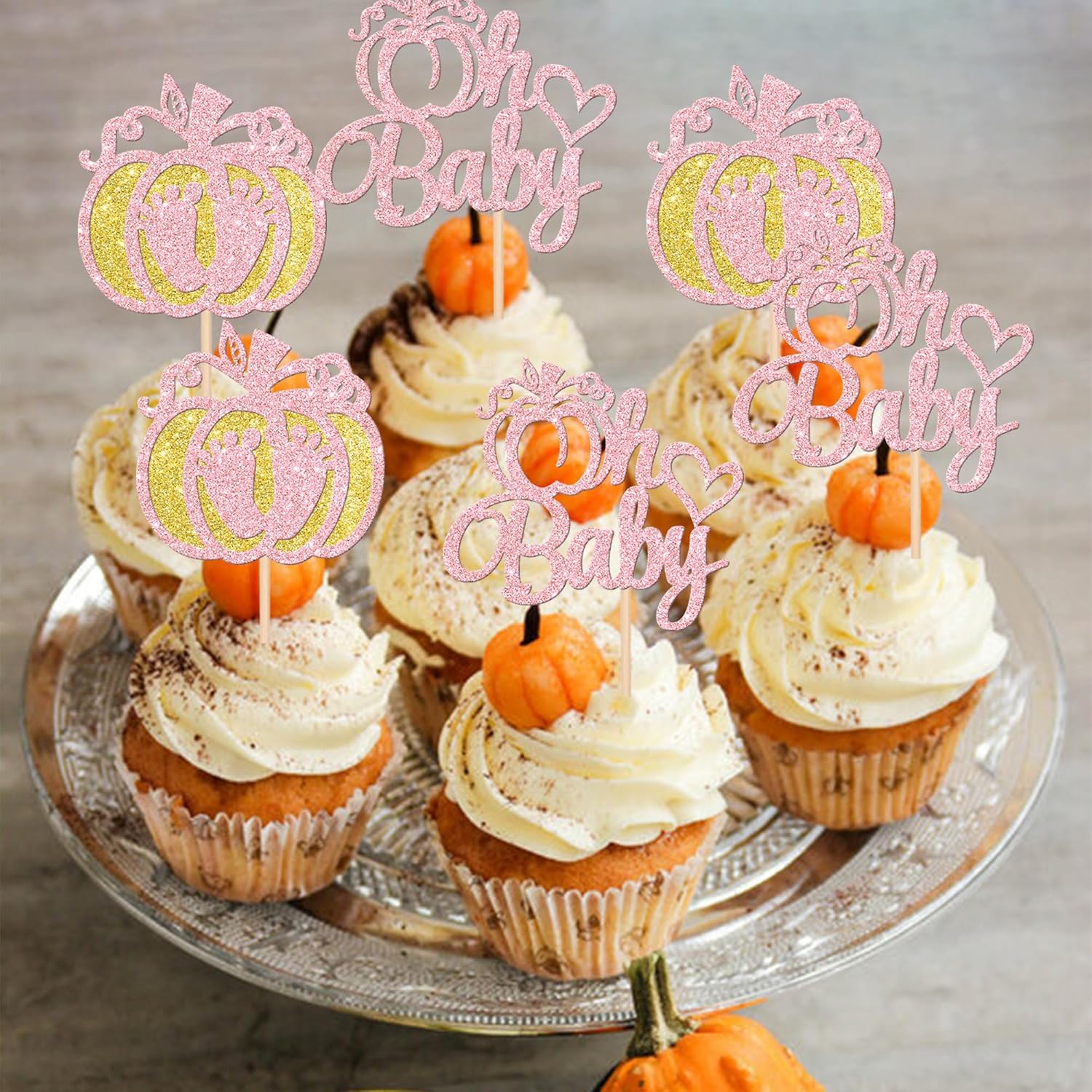 24 piezas de calabaza Oh Baby Cupcake Toppers Glitter Heart Baby Feet Calabaza Cupcake Picks para temática de otoño, baby shower, niños, cumpleaños,