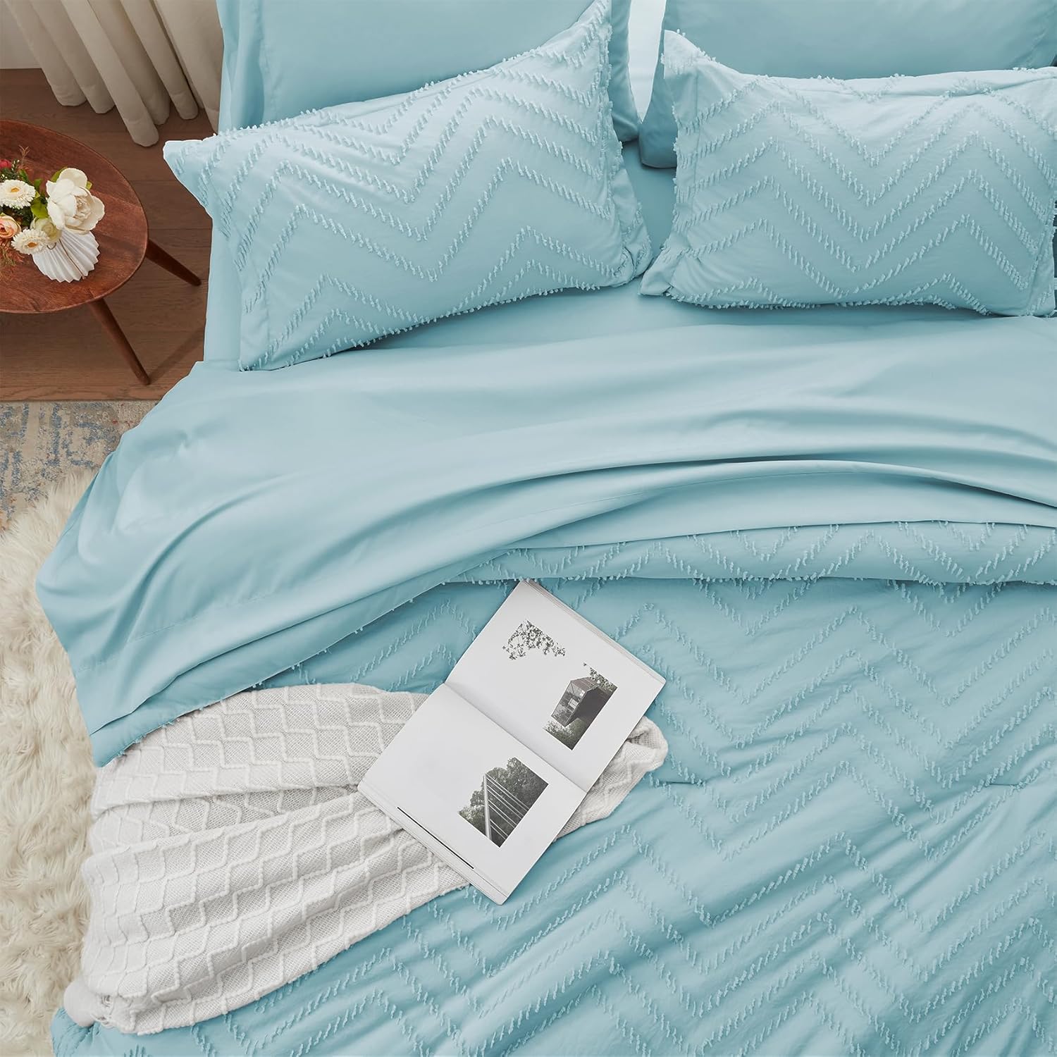 Anluoer – Juego de edredón tamaño Queen, color celeste, con relieve, 7 piezas, para todas las estaciones, incluye 1 edredón, 2 fundas de almohada, 2