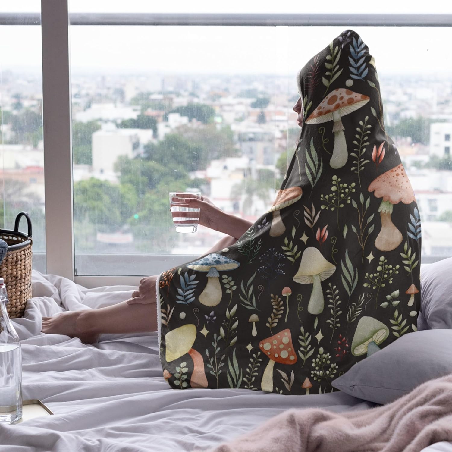 Manta con capucha de hongos, regalos para mujeres, manta de franela de vellón suave con hongos, manta para todas las estaciones, mantas decorativas