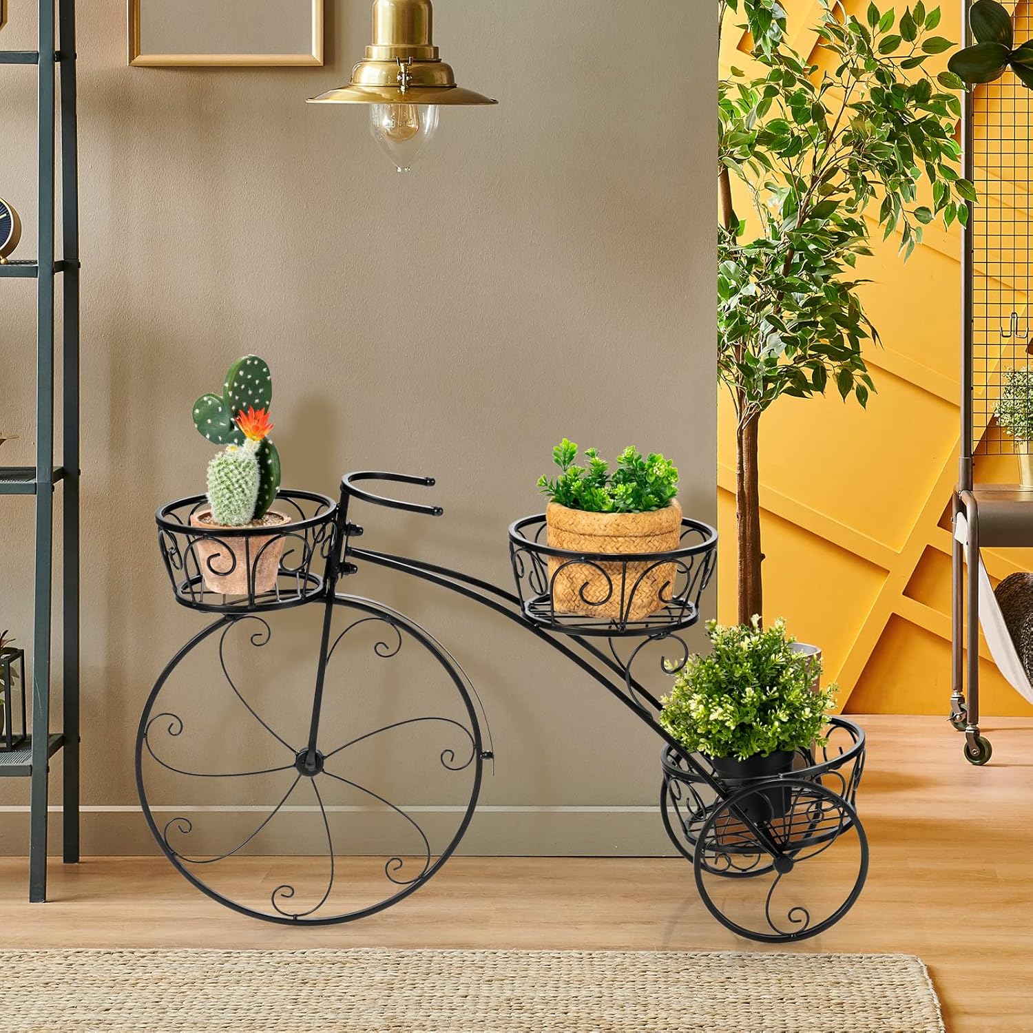 Giantex Maceta de metal para bicicleta, soporte de 3 niveles para plantas de flores con 3 ruedas decorativas, soporte de exhibición de flores de