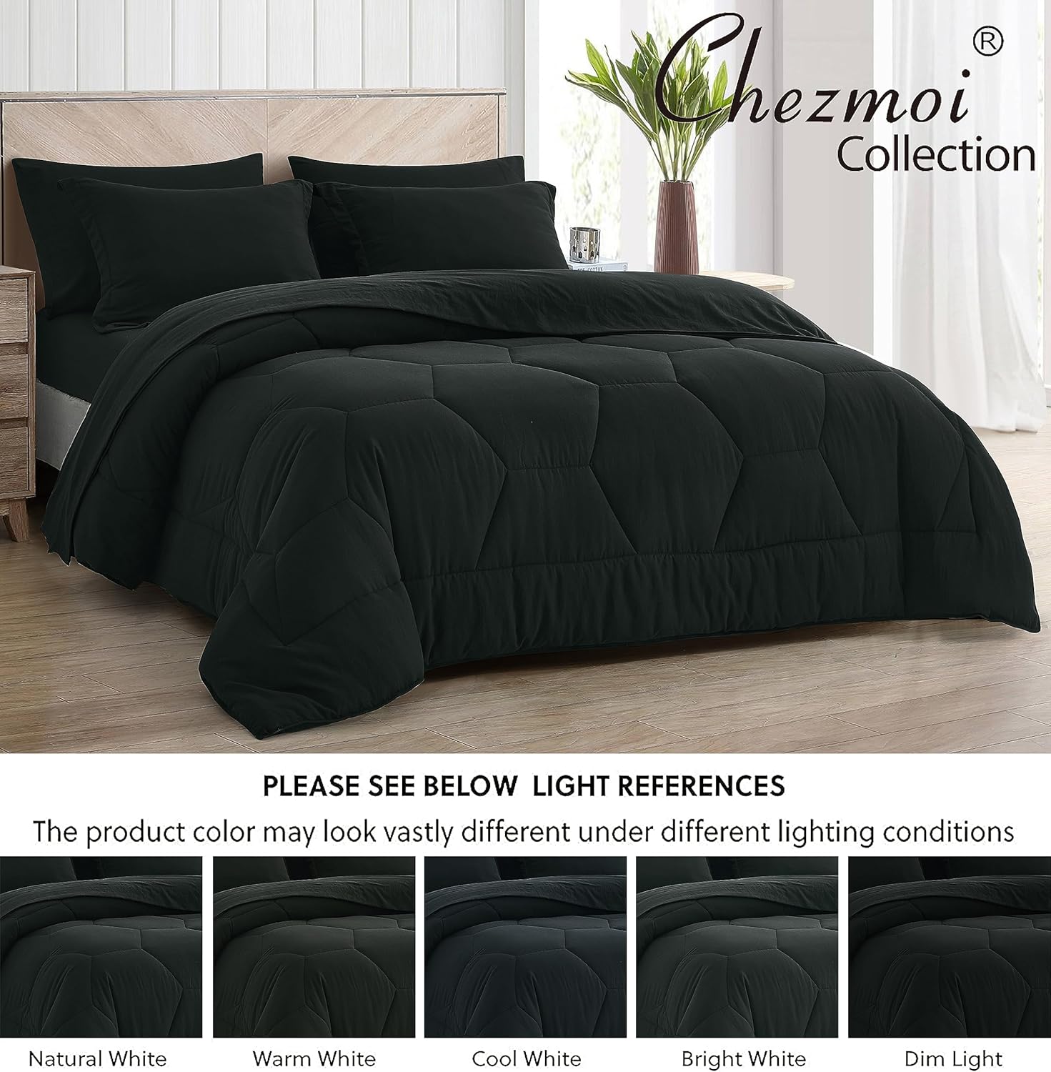 Chezmoi Collection Piper – Juego de cama matrimonial en una bolsa, 7 piezas con diseño geométrico de panal de abeja, acolchado de microfibra lavada