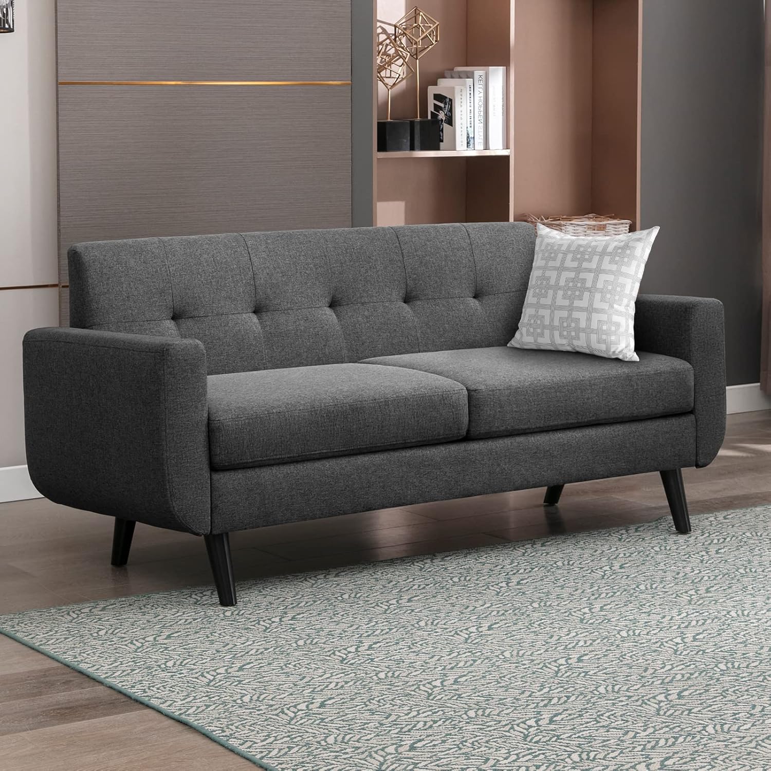 Sofá biplaza de 68 pulgadas con cojín tapizado de 5.9 pulgadas, cómodo sofá de tela con patas de madera y asiento acolchado para sala de estar,
