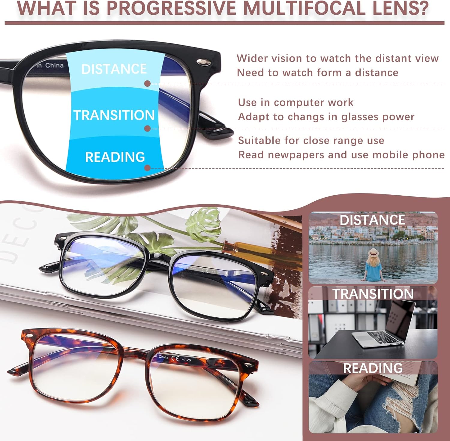 STASTEND Gafas de lectura progresivas multifocales antiluz azul para mujeres y hombres, marco de anteojos de moda