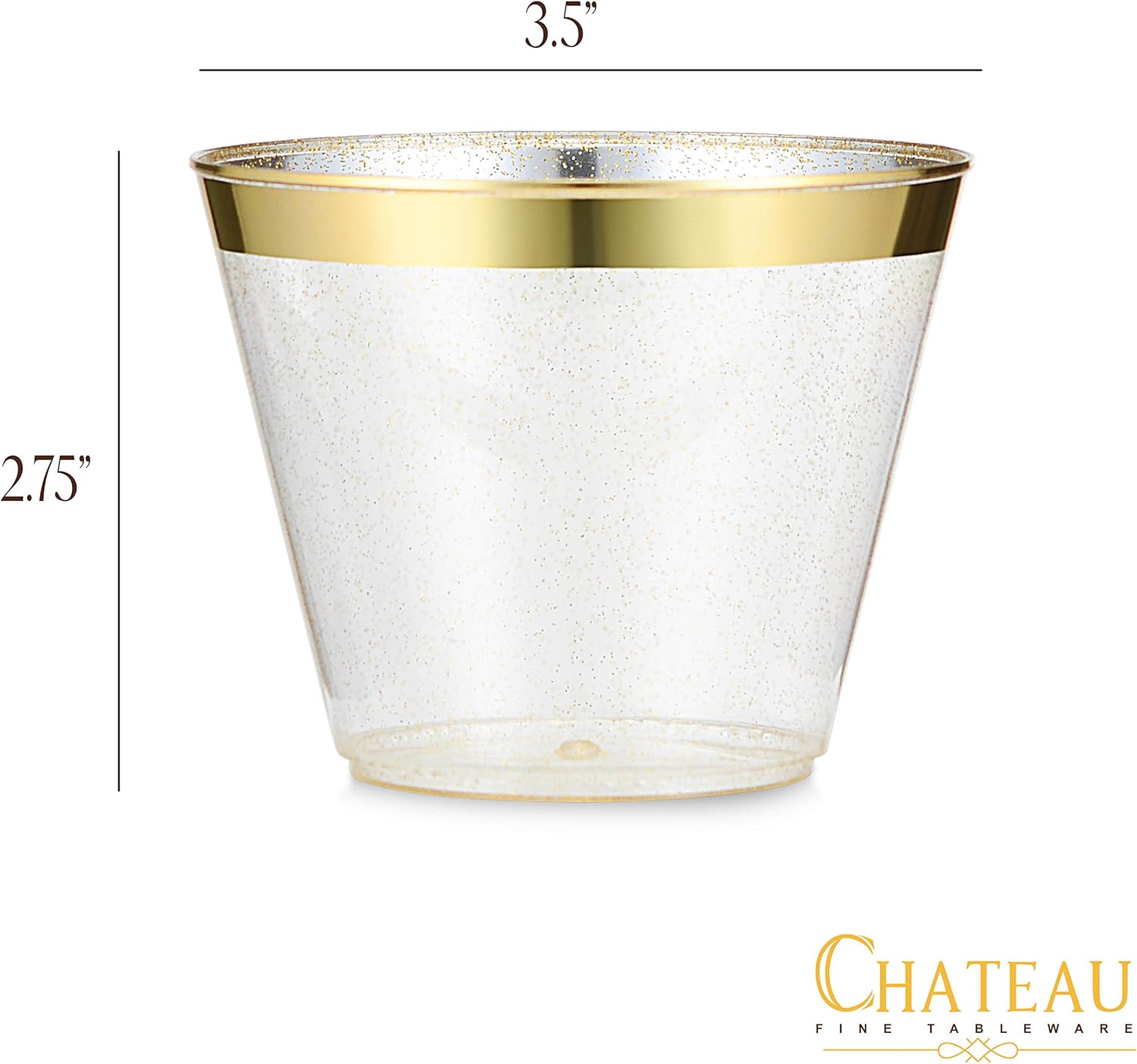 Paquete de 100 vasos de plástico de 9 onzas con purpurina dorada con borde dorado, tazas de fiesta de alta calidad, elegantes y resistentes, bodas,