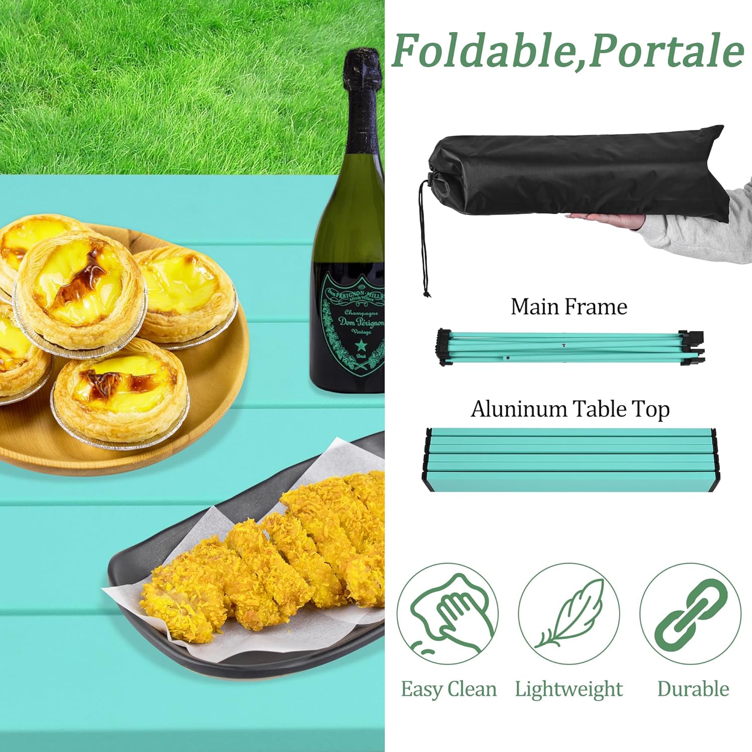 Grope Mesa de camping plegable pequeña con parte superior de aluminio, mesa de playa para arena con bolsa de transporte, perfecta para exteriores,