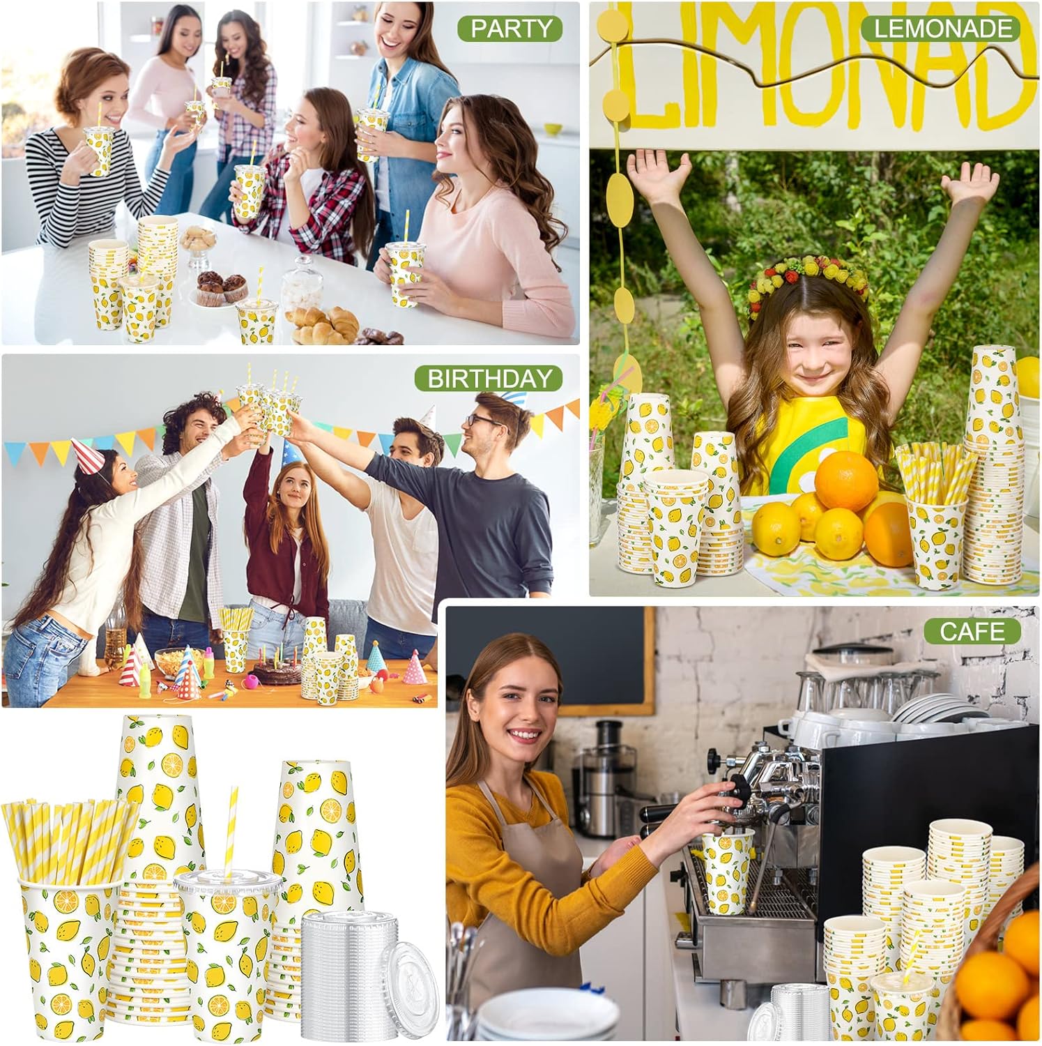Tessco 150 piezas50 juegos de vasos de limonada con tapas y pajitas de papel, taza de papel desechable de 12 onzas para café helado, tazas de papel
