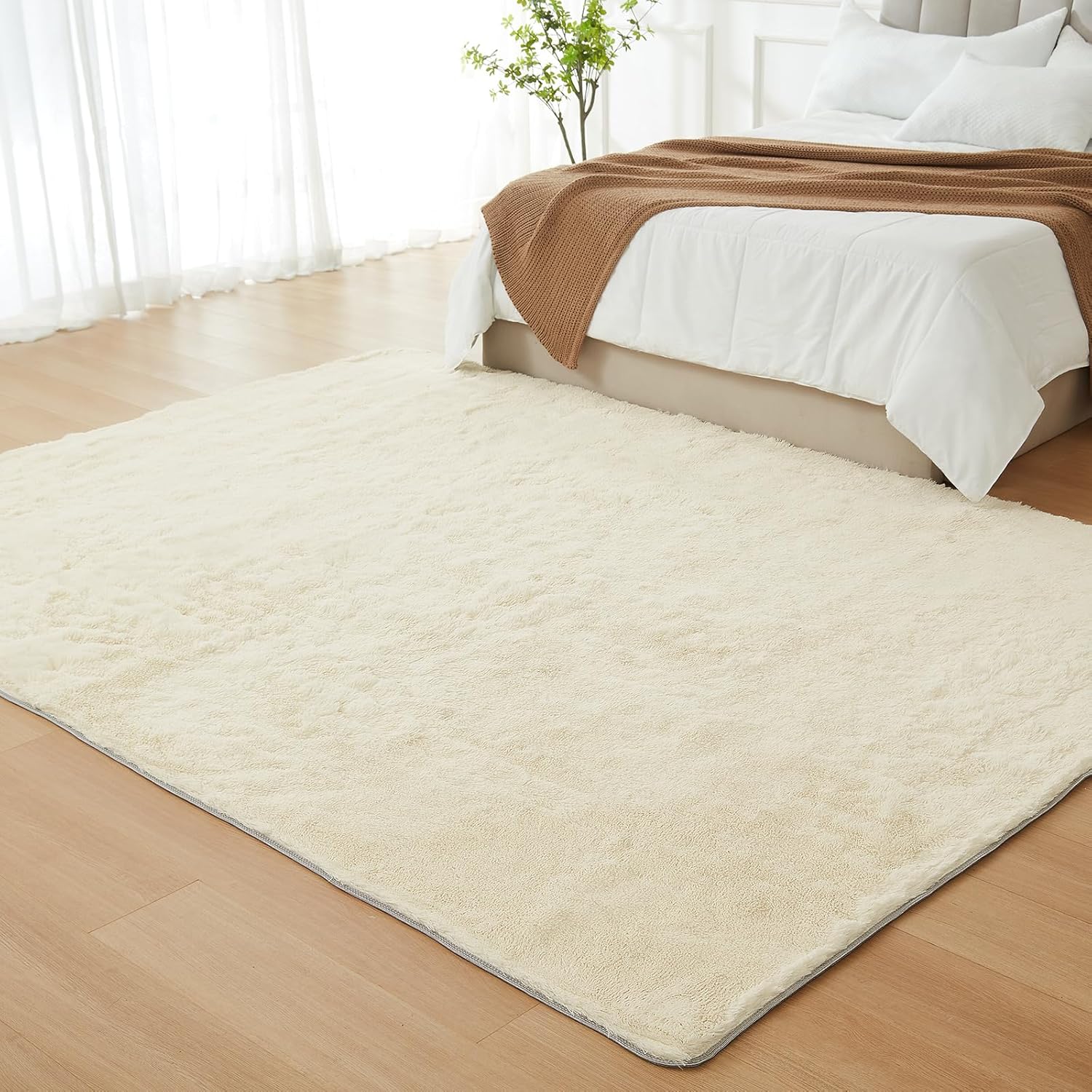 Alfombras peludas de pelo largo para sala de estar, color amarillo claro, de felpa suave, mullida, de 5 x 7 pies, para dormitorio, guardería,