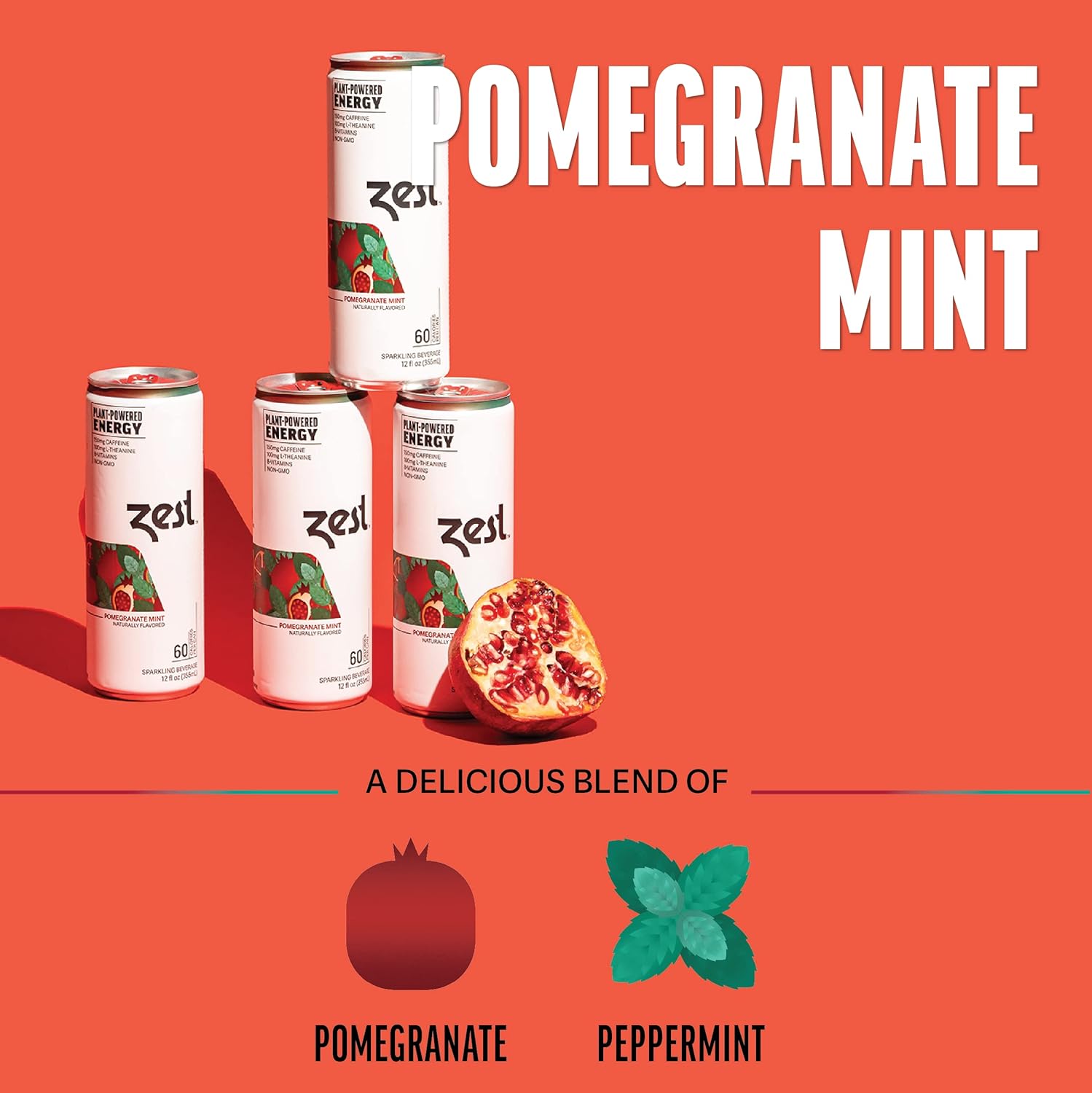 Zest Plant – Bebida espumosa de energía natural, menta y granada, 150 mg de cafeína + 100 mg de L-teanina, lata de 12 onzas, paquete de 12 unidades,