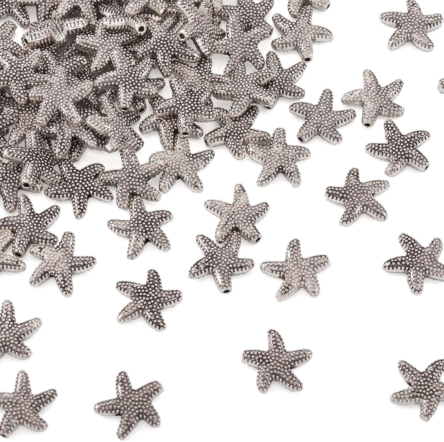 Cheriswelry 100 cuentas de aleación de estrella de mar de plata antigua de 0.531 in, cuentas espaciadoras de estrellas de mar estilo tibetano,