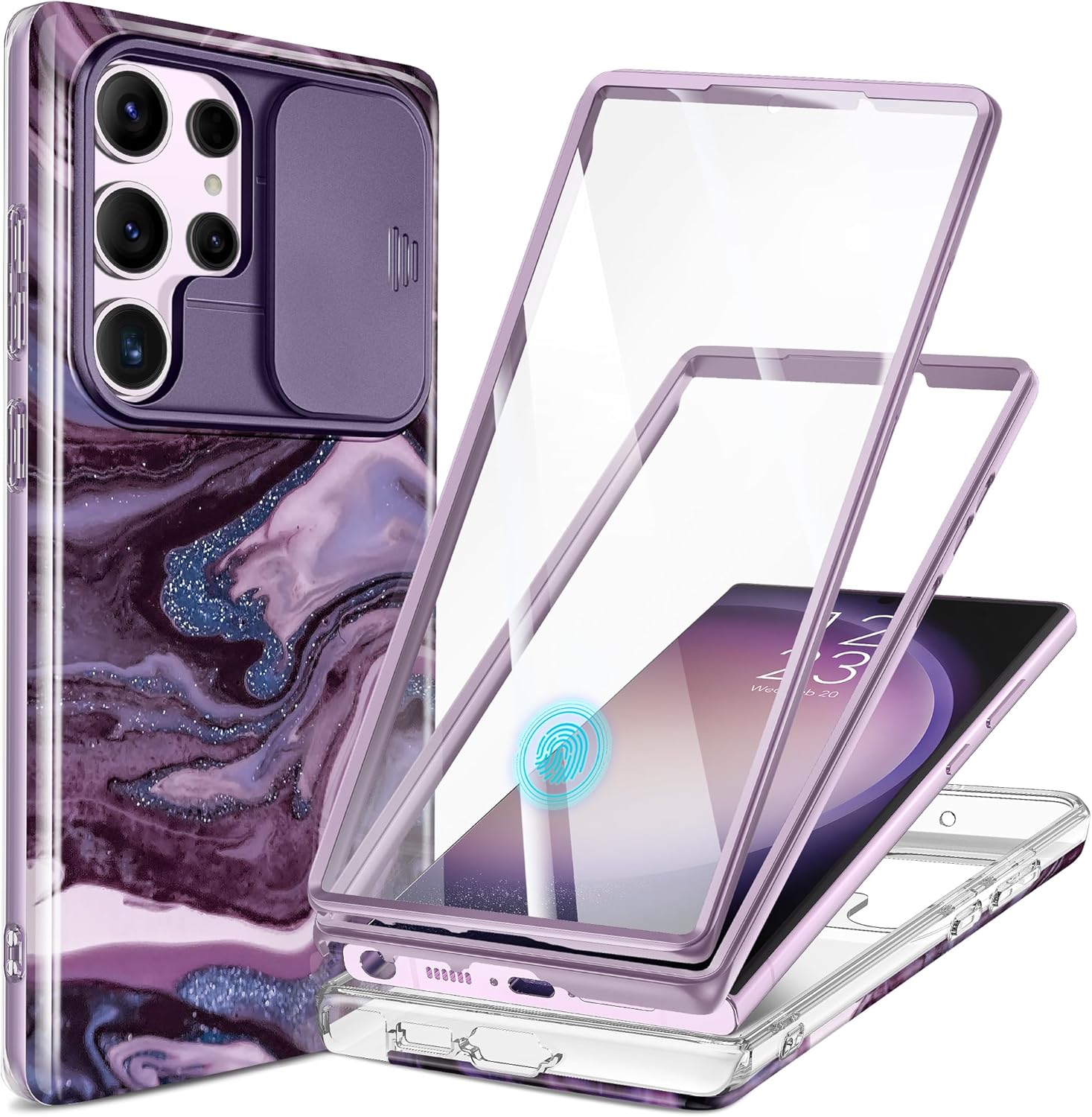 GVIEWIN Funda para Samsung Galaxy S23 Ultra con funda deslizante para cámara, protector de pantalla integrado 2 marcos frontales de grado militar a