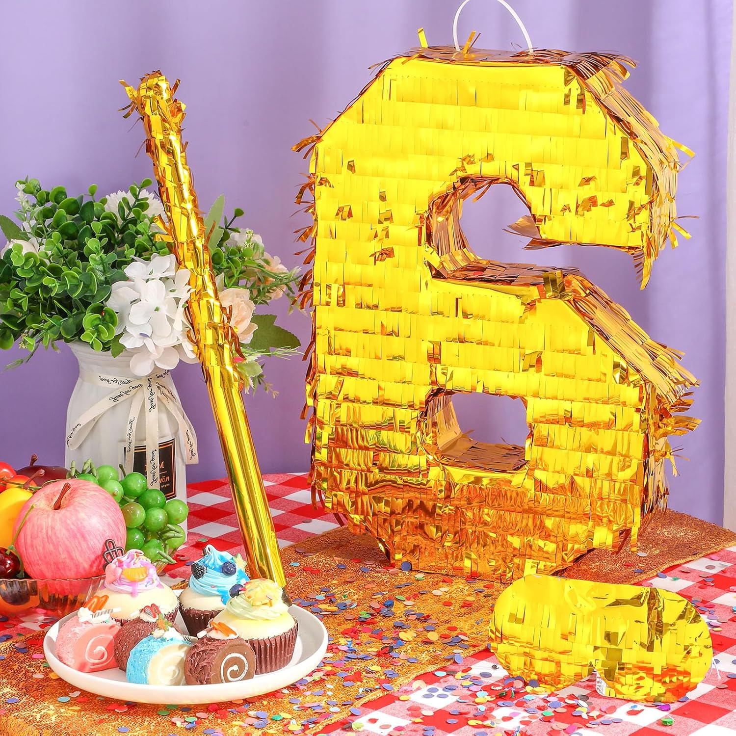 Piñata de número de lámina dorada de 16 x 11 x 3 pulgadas, piñata pequeña con palo de 15.7 pulgadas, confeti dorado para niños, niñas, decoraciones