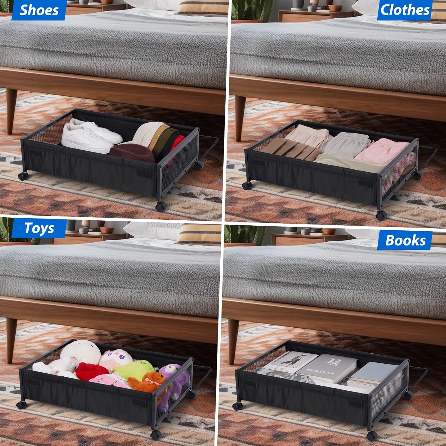 ZZYZSFUS Contenedores de almacenamiento debajo de la cama con ruedas, estante de almacenamiento de zapatos debajo de la cama con cubierta a prueba