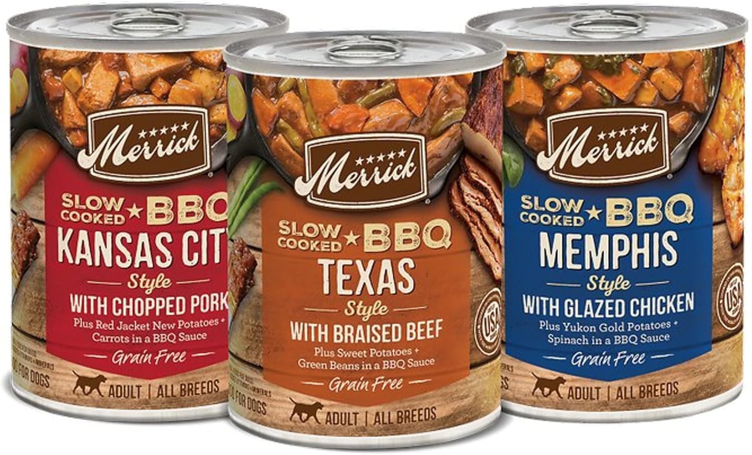 Merrick Chunky – Comida húmeda enlatada para perros, sin cereales, barbacoa en trozos, 12.70 onzas (caja de 12)