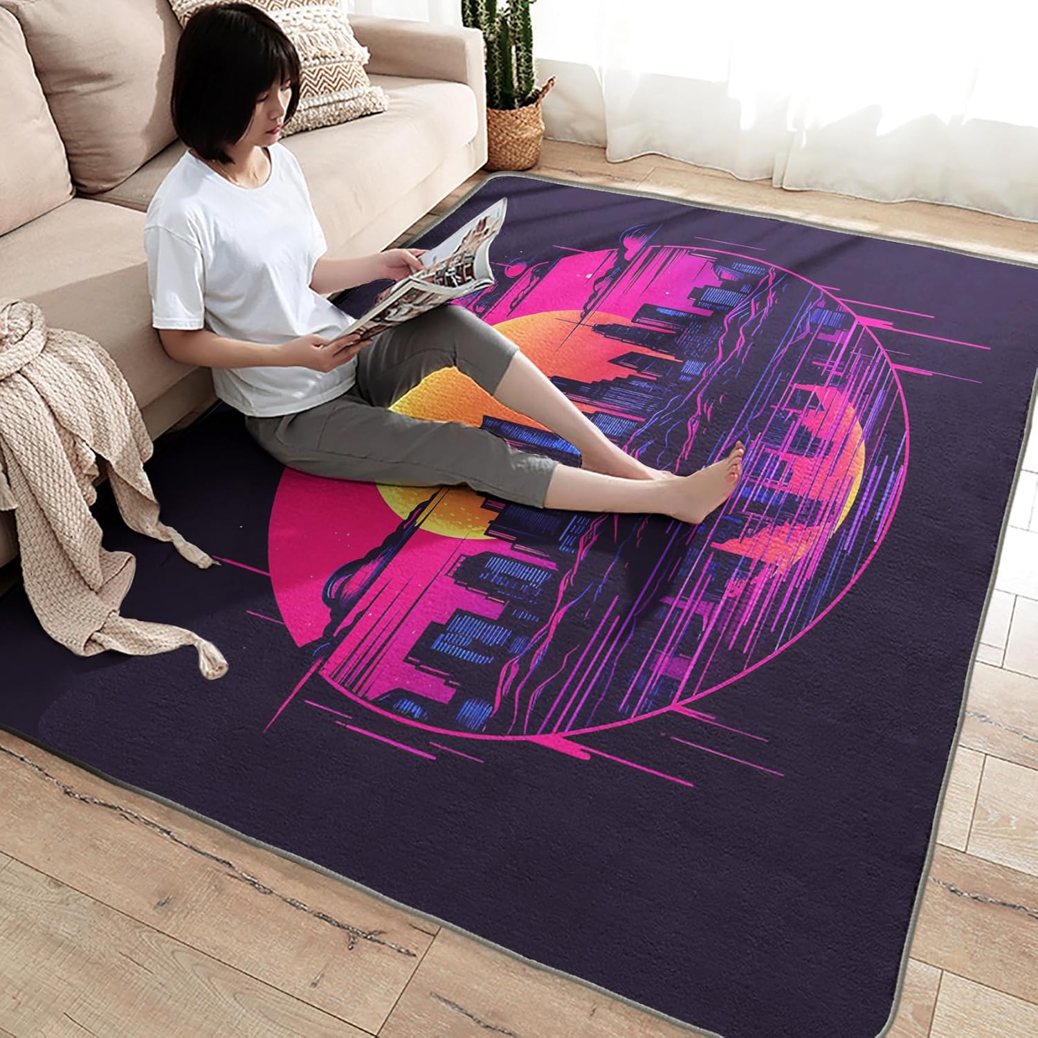 Alfombra neón de ciudad y decoración del hogar, alfombra de 3 x 4 pies, alfombras de paisaje urbano para sala de estar, dormitorio, alfombra