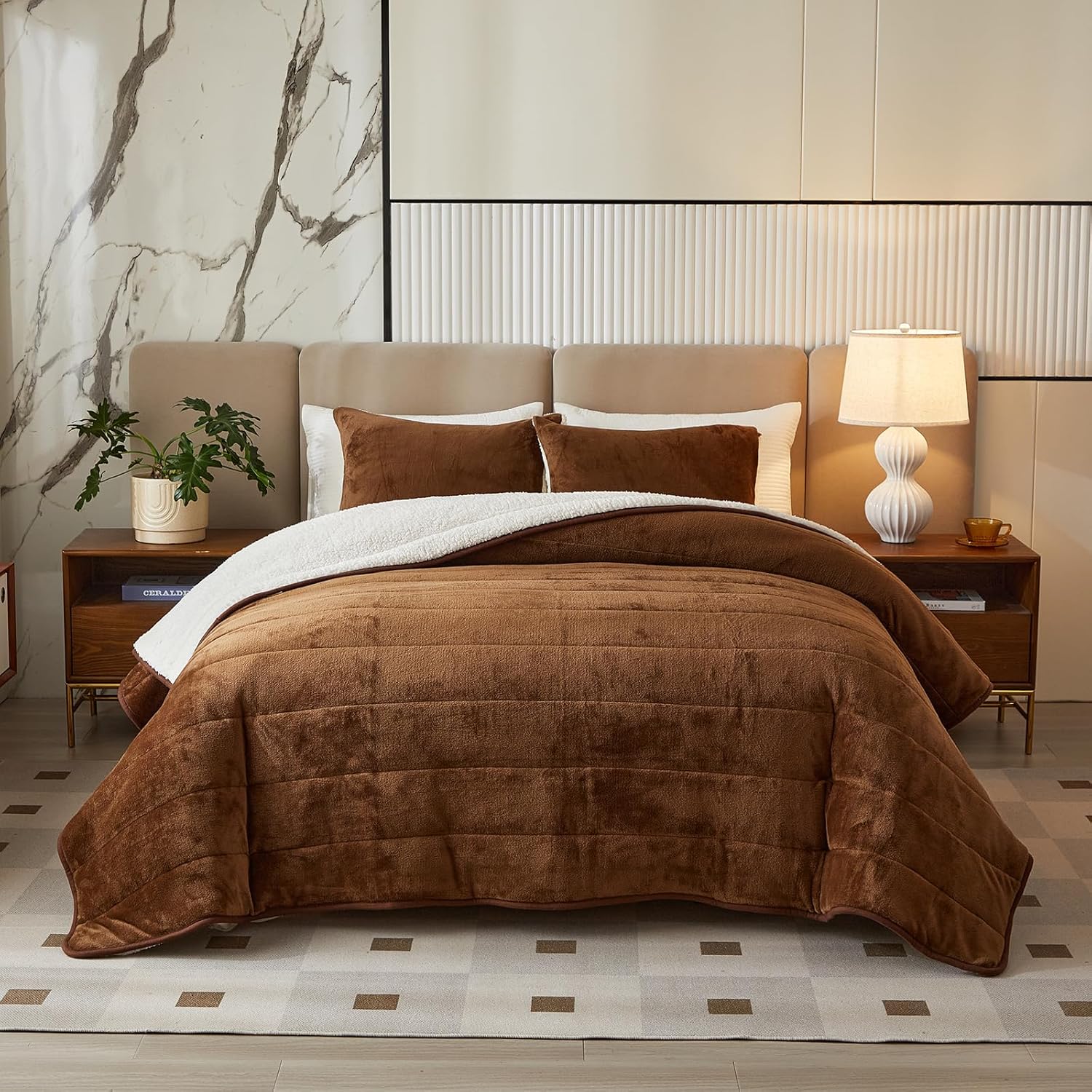 Manta de cama gruesa de franela de lujo de 3 capas, tamaño individual, manta sherpa de terciopelo de felpa suave con 2 fundas de almohada, pesada y