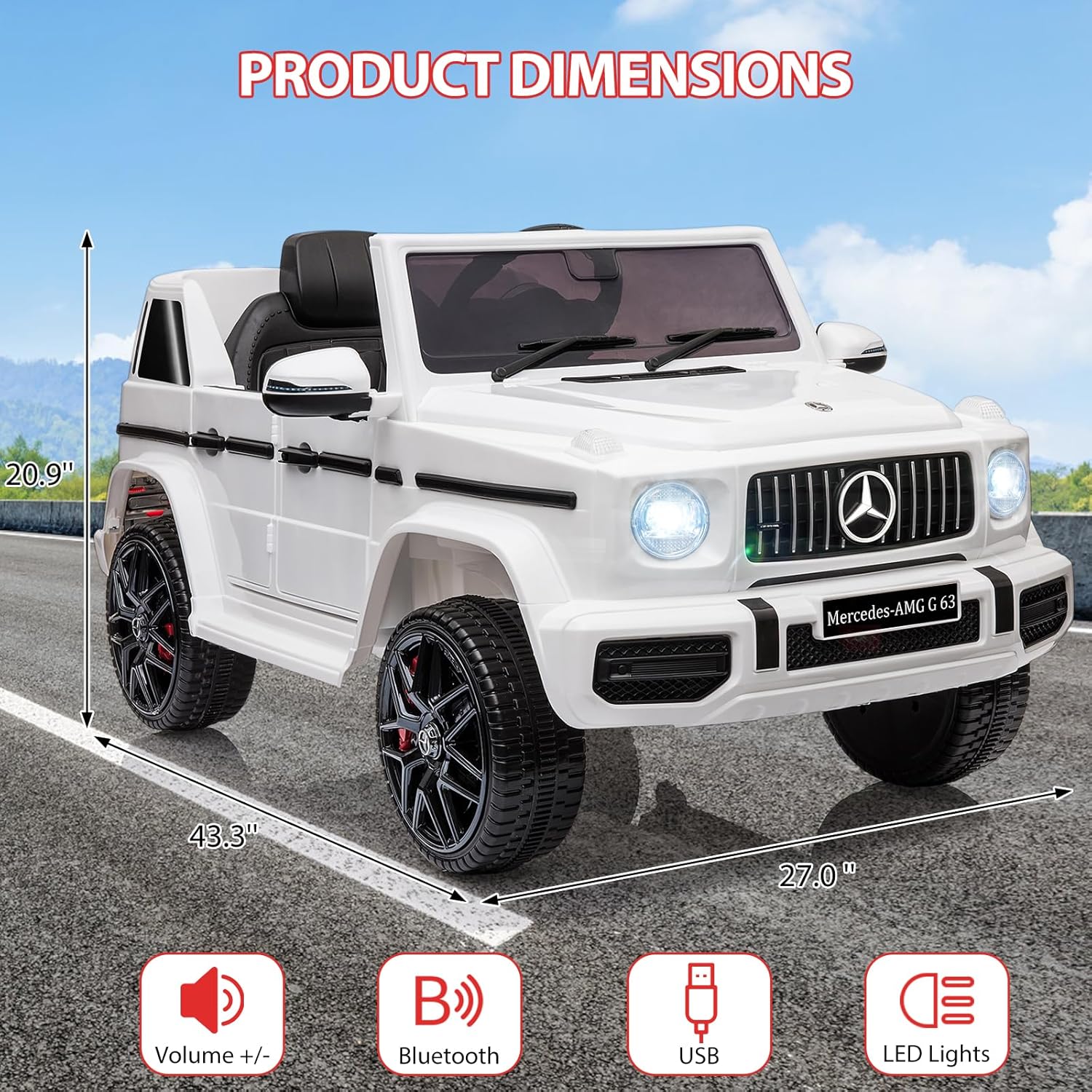 Auto eléctrico Mercedes Benz G63 de 12 V con licencia con control remoto, música, suspensión de resorte, luz LED, Bluetooth, bocina, AUX, bloqueo de