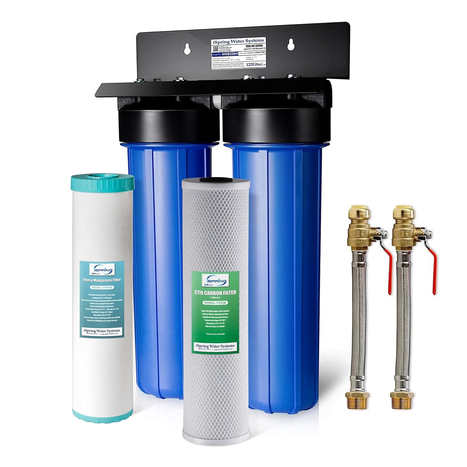 iSpring WGB22BM Sistema de filtración de agua de 2 etapas para toda la casa con bloque de carbono de 20 x 4.5 pulgadas y filtros reductores de