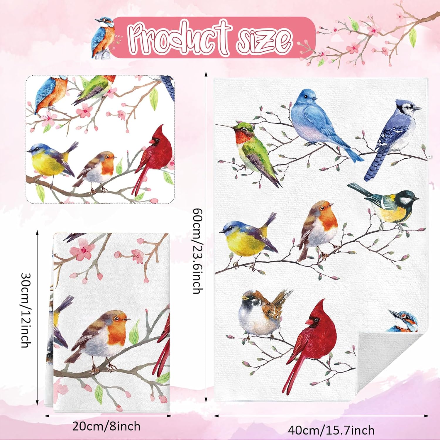Juego de 4 toallas de cocina con diseño de pájaros, diseño de pájaros en rama, color cardenal, colibrí, azul, toallas de cocina absorbentes para