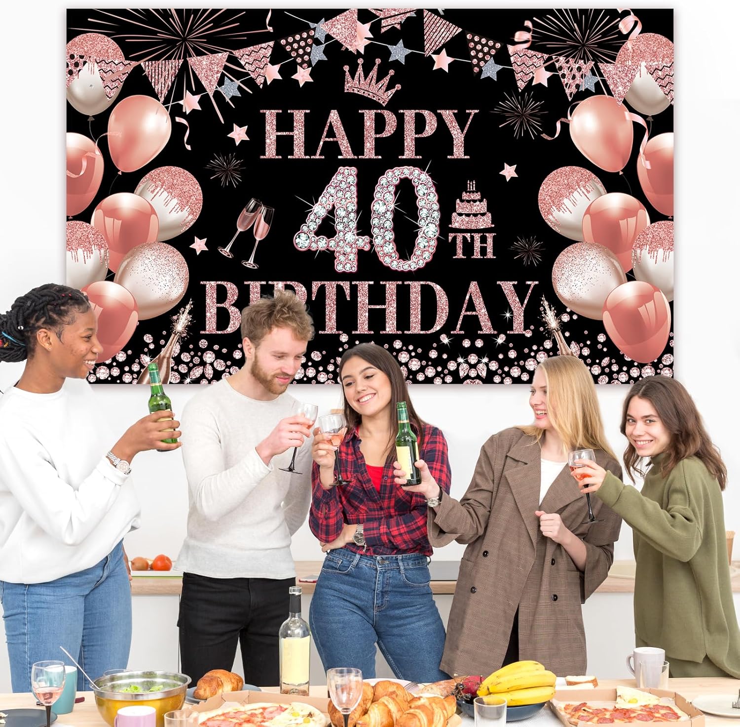 Telón de fondo de cumpleaños número 40, decoración de fondo de cumpleaños de oro rosa para mujer, 5.9 x 3.6 pies, fabuloso cartel de cumpleaños,