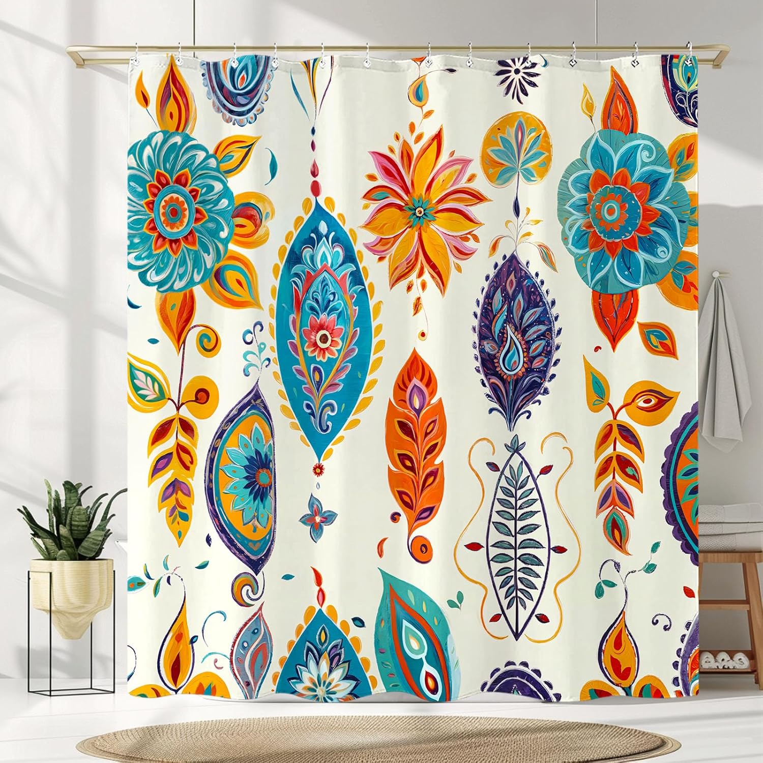 Cortina de ducha de flores, bonita cortina de ducha floral, decoración botánica, juego de cortina de ducha de tela con 12 ganchos
