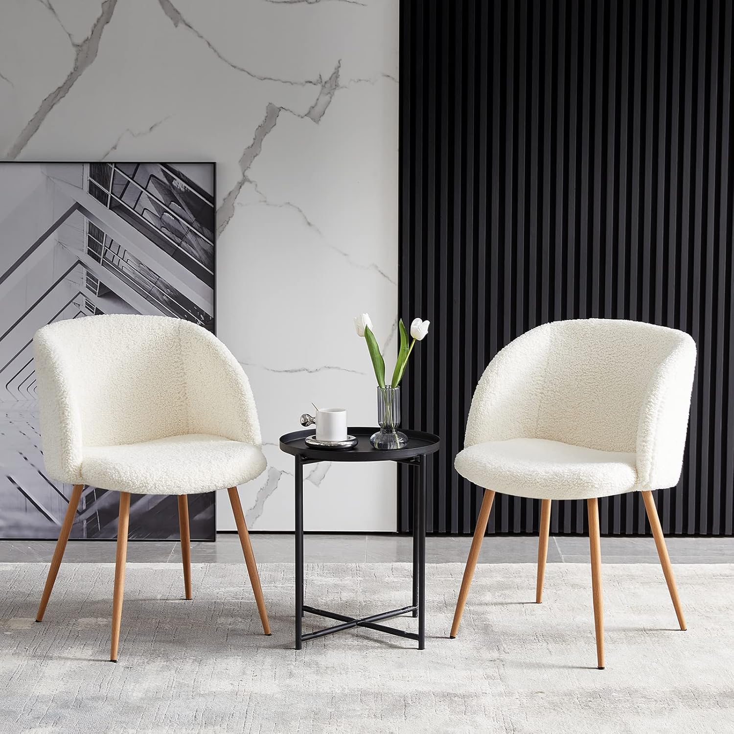 Homtique Juego de 2 sillas de comedor modernas, silla decorativa tapizada de sherpa, silla de ocio con reposabrazos y patas de metal de grano de