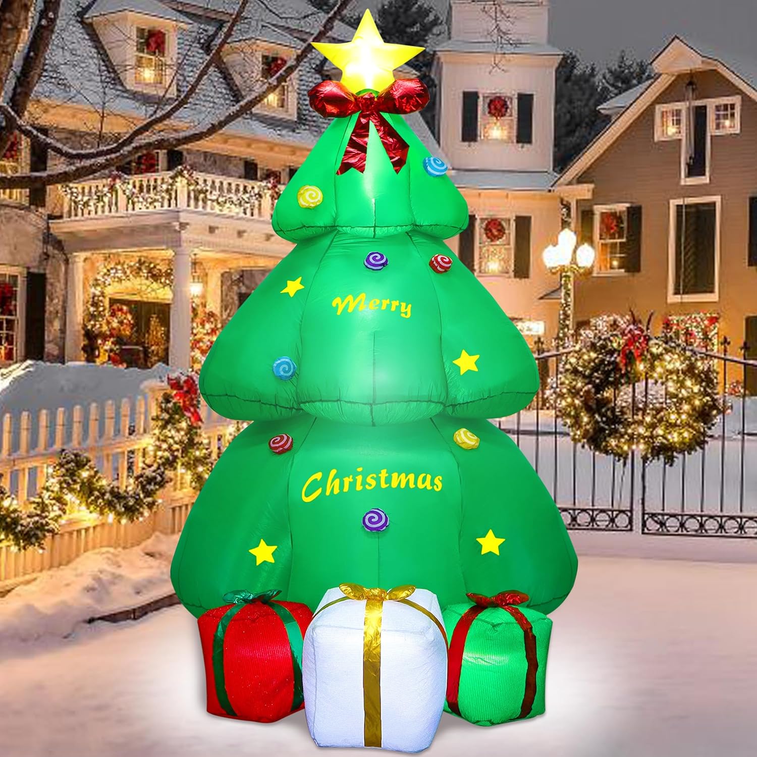 SAND MINE Árbol inflable de Navidad de 9 pies, inflables de Navidad, decoración de patio, árbol de Navidad inflable con caja de regalo para