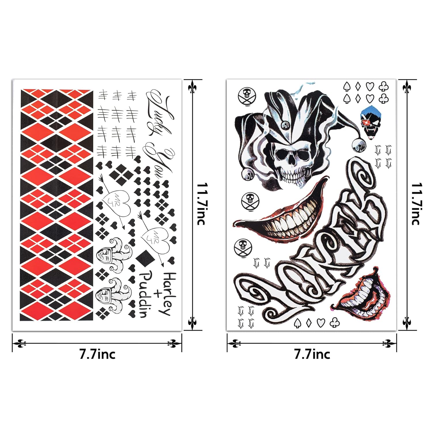 6 hojas de tatuajes Joker & Harley Quinn, realistas y de larga duración de Halloween falsa temperatura para hombres, mujeres y adultos, todas las