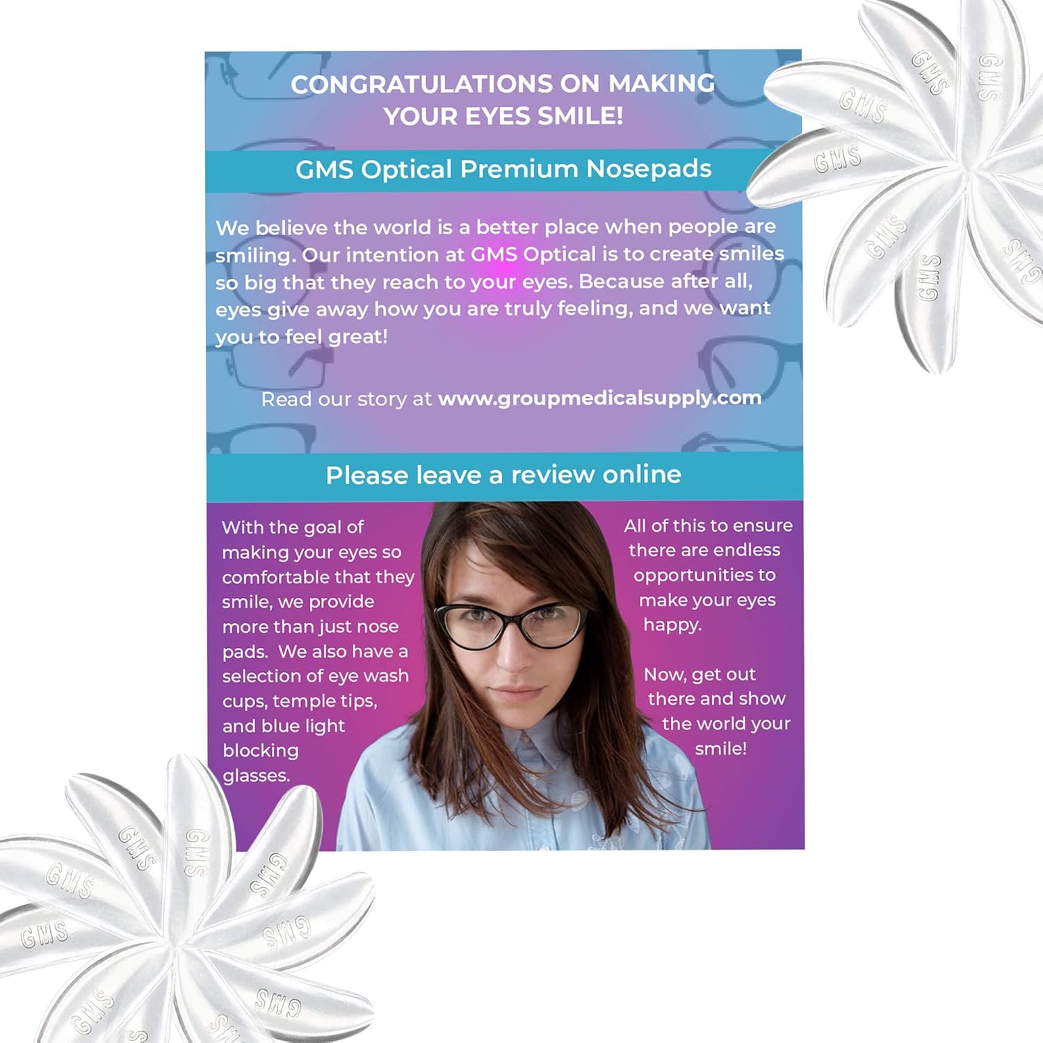 GMS Optical Almohadillas de nariz de silicona contorneadas con adhesivo para niños, antideslizantes y alivio de presión, perfectas para gafas de