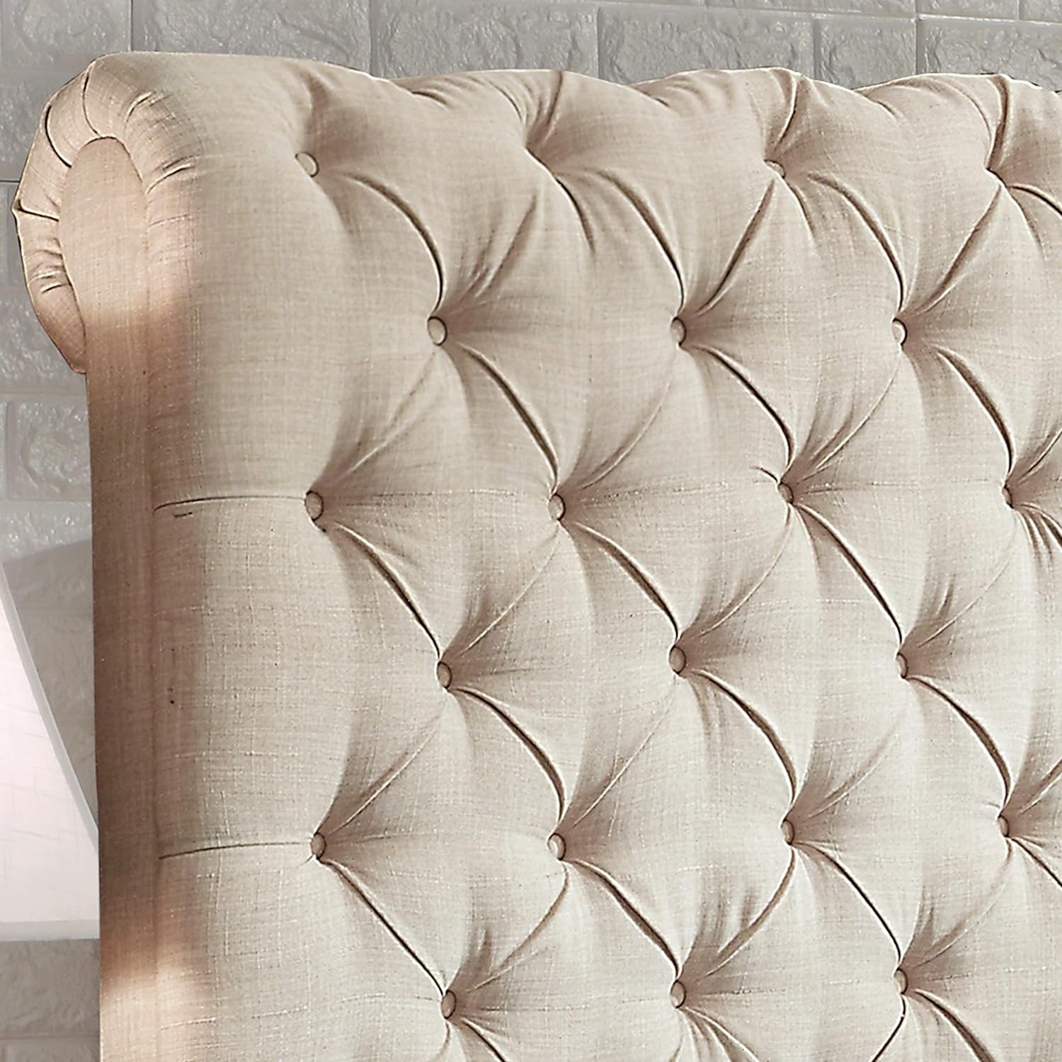 Rosevera Corrine – Base de cama tapizada con cabecero acolchado con botones, cabecera ajustable, cabecera enrollada, soporte de listones de madera,