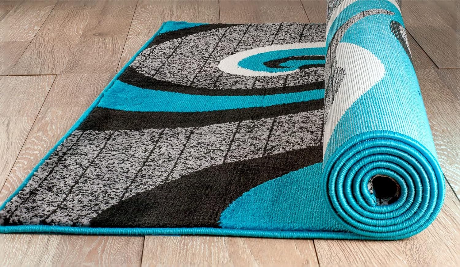 Alfombra y decoración Contempo 37 gris, turquesa, blanco, remolino, moderno, abstracto, alfombra para sala de estar, dormitorio, 3 pies, 9 pulgadas