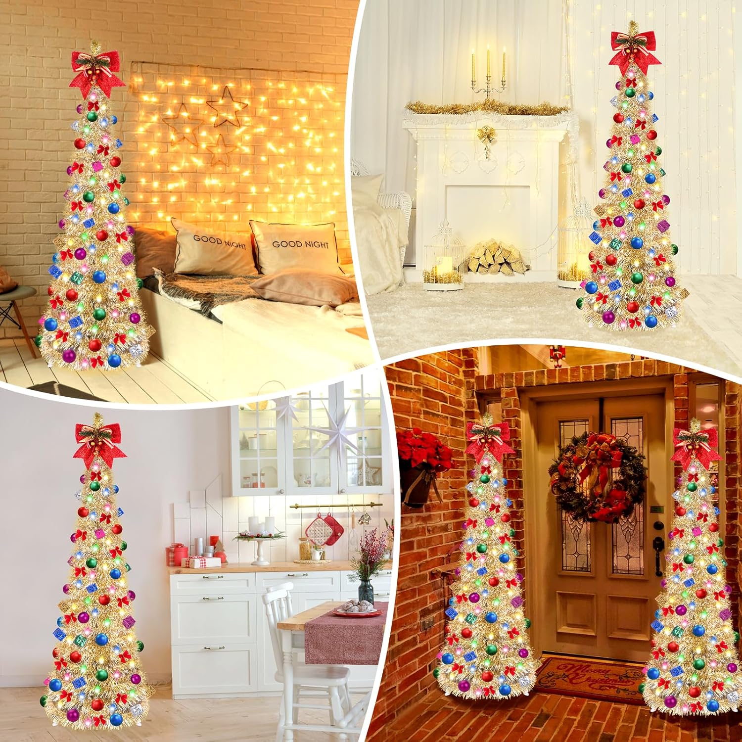 Árbol de Navidad desplegable, árbol de Navidad plegable de 5 pies con 30 luces LED multicolor, árbol de Navidad con bola de lazo, caja de regalo