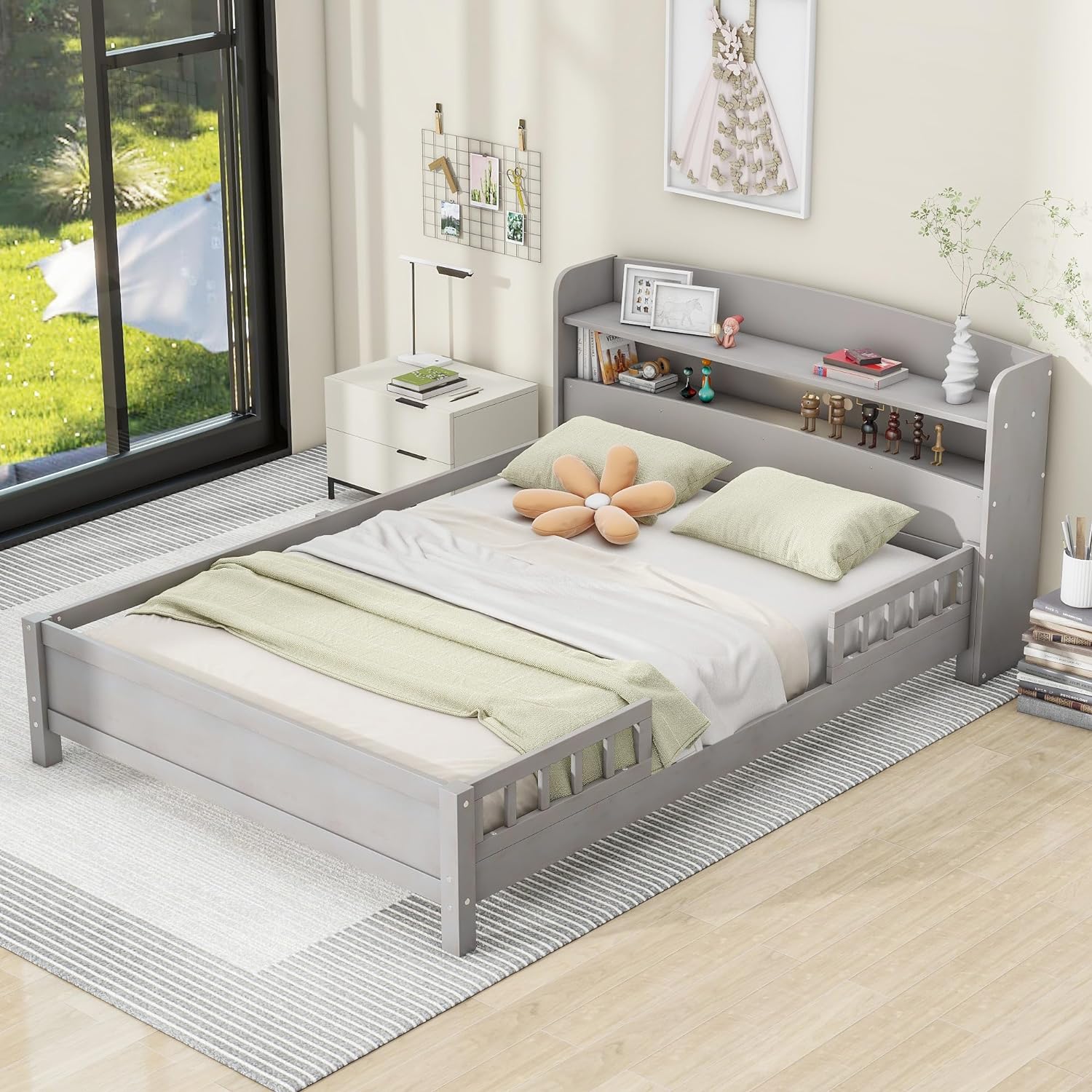 Harper & Bright Designs Cama de plataforma de tamaño matrimonial con cabecera de almacenamiento, luz LED integrada y barandilla, marco de cama