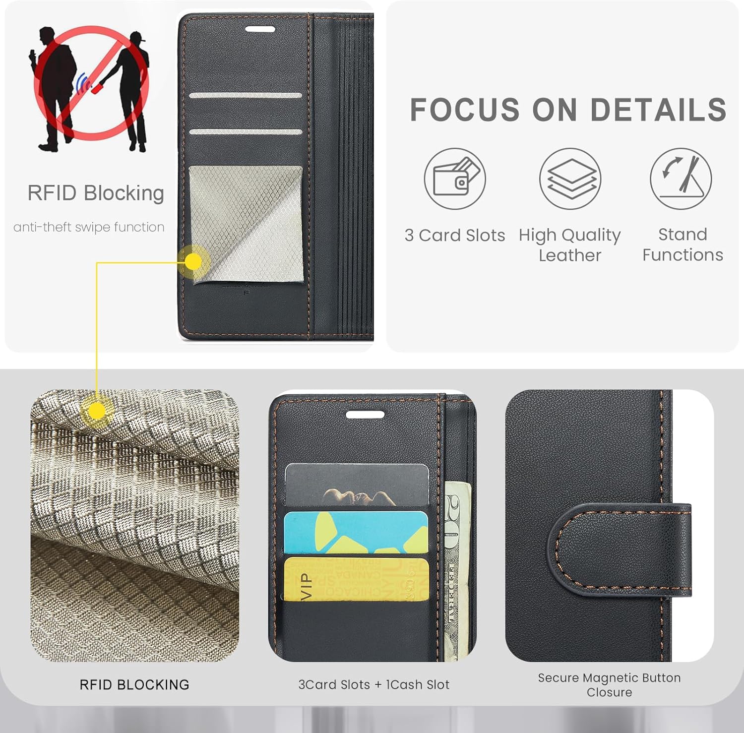 Funda tipo cartera para Samsung Galaxy S23 Ultra con bloqueo RFID, soporte para tarjeta de crédito, de piel sintética, función atril, funda