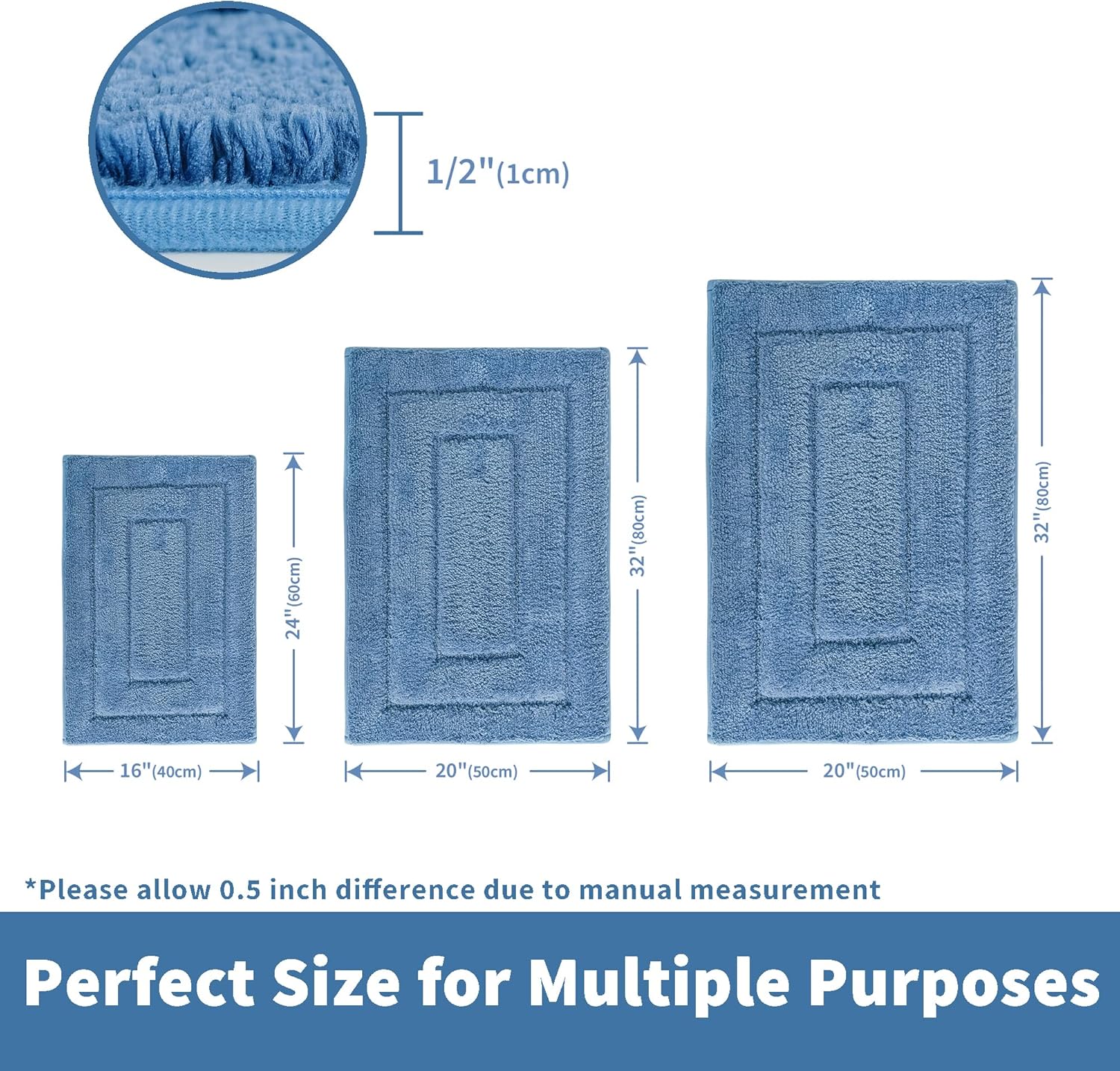 GRANNY SAYS Alfombras de baño azules antideslizantes, 20 x 32 pulgadas, alfombras de baño lavables y absorbentes para suelo de baño, alfombras de